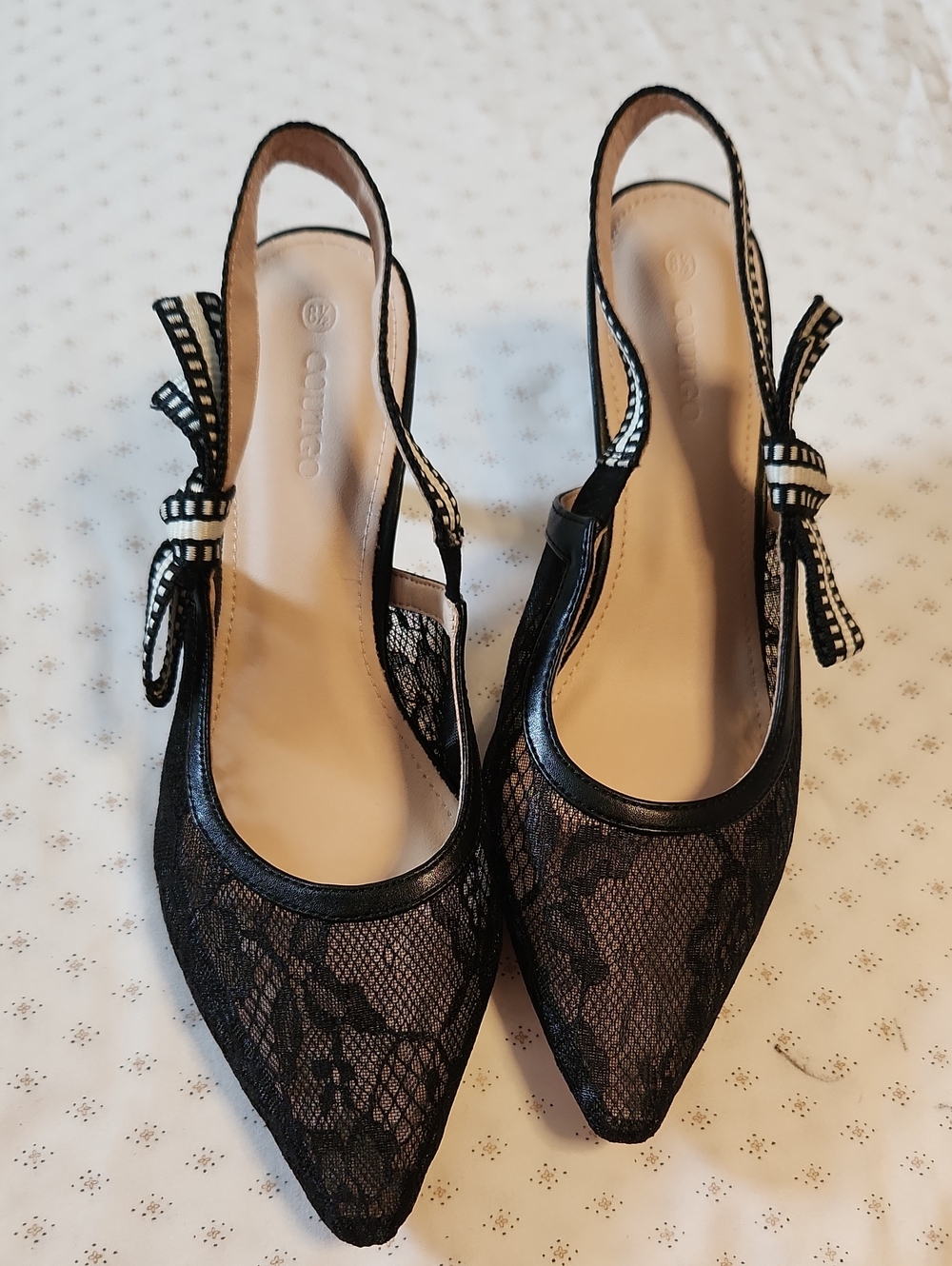 Coutgo Black Lace Pointed Slingback Kitten Heells with Bow Detail Pumps 8.5
